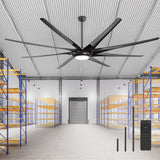 AeroSpan-XL large black ceiling fan with LED light and remote control installed in a warehouse