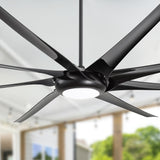 Close-up of AeroSpan-XL large black ceiling fan with integrated LED light turned on