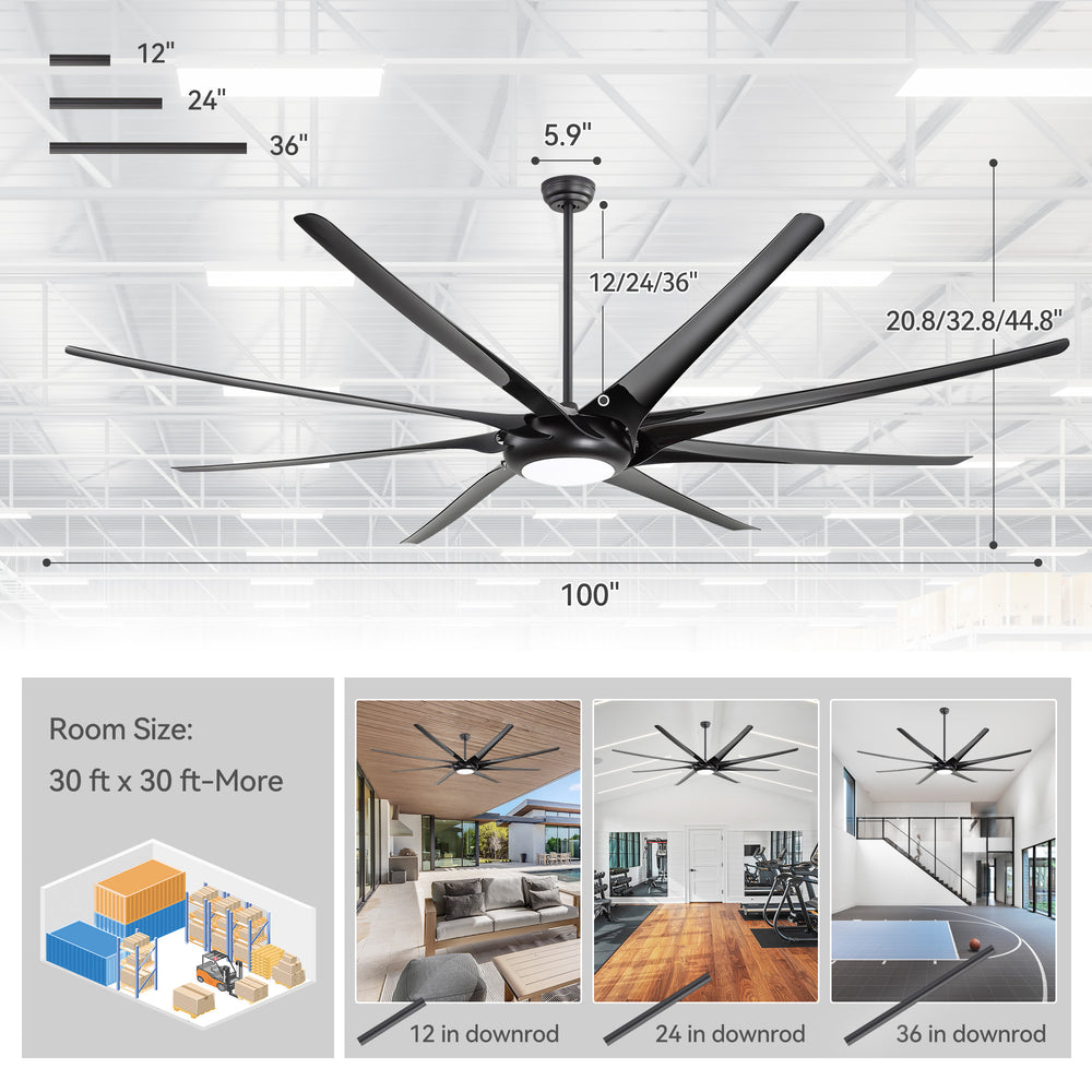 AeroSpan-XL 100-inch black ceiling fan with LED light, 12/24/36-inch downrod options for large spaces