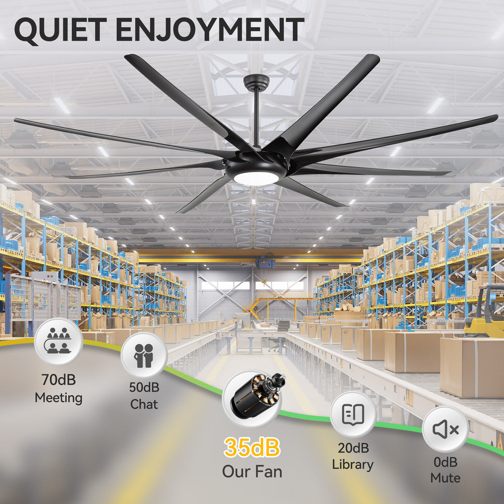 AeroSpan-XL large black ceiling fan with LED light and quiet 35dB operation in a warehouse