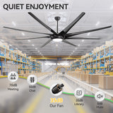 AeroSpan-XL large black ceiling fan with LED light and quiet 35dB operation in a warehouse