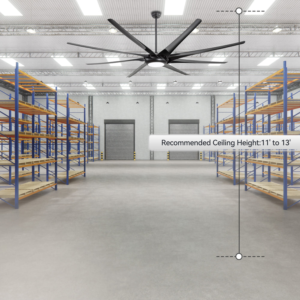 Large black industrial ceiling fan with LED light installed in a warehouse, recommended for 11 to 13 ft ceilings