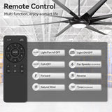 AeroSpan-XL large black ceiling fan with light remote control featuring 6 speeds, forward and reverse, natural wind mode, and timer