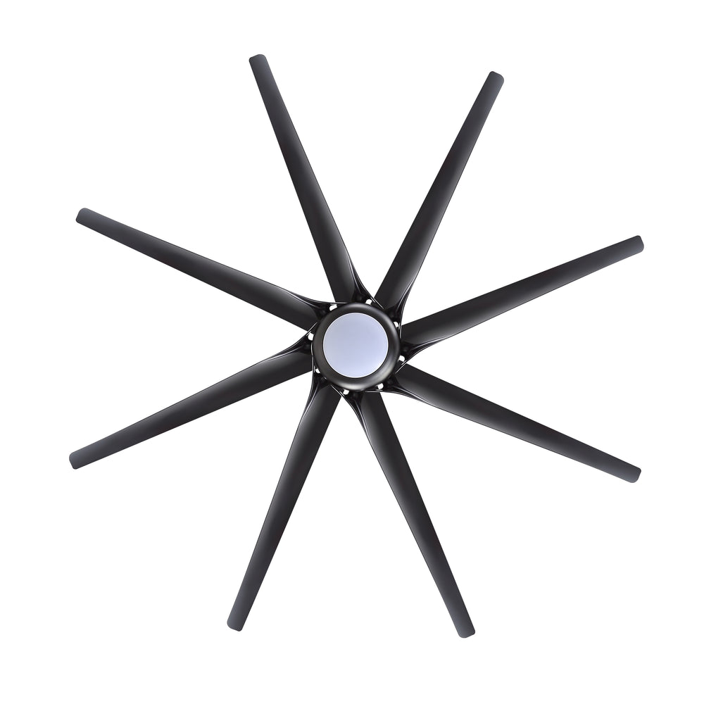 Bottom view of a large black multi-blade ceiling fan with integrated LED light