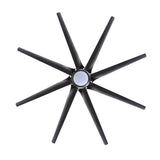 Bottom view of a large black multi-blade ceiling fan with integrated LED light