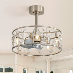 20" Crystal Cage Ceiling Fan with Light, Floral/Leaf Crystal Shade, 5-Blade Reversible DC Motor, 6 Speeds, Remote Control, Includes 6" & 10" Downrods, Indoor Ceiling Fan for Bedroom/Living Room