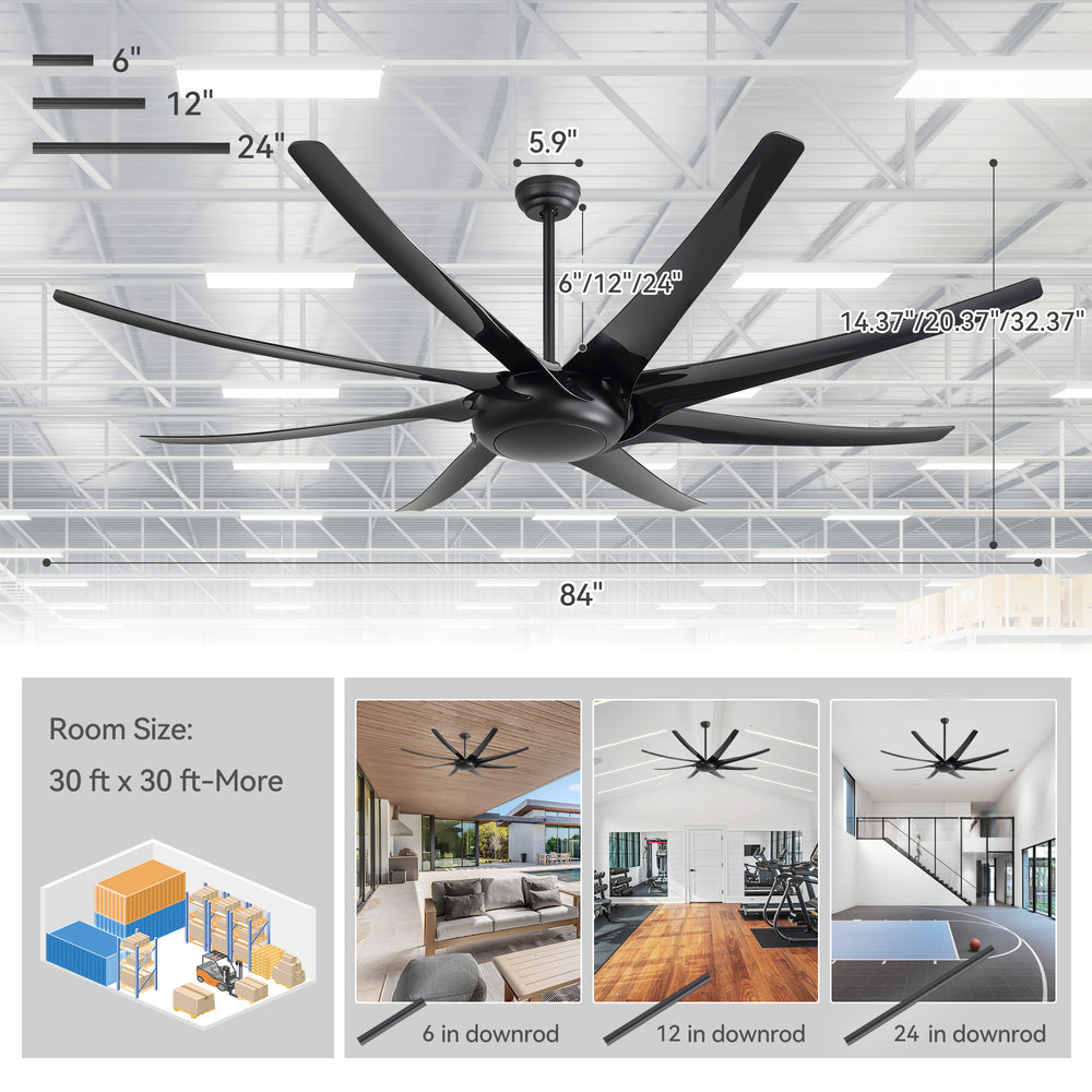 AeroSpan-XL 84-inch large black ceiling fan dimensions with 6, 12 and 24-inch downrod options for 30 x 30 ft or larger rooms