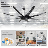 AeroSpan-XL 84-inch large black ceiling fan dimensions with 6, 12 and 24-inch downrod options for 30 x 30 ft or larger rooms