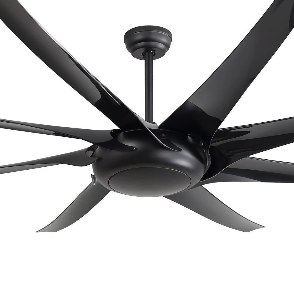 Close-up of AeroSpan-XL large black ceiling fan showing the motor housing, downrod and blade connections