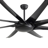 Close-up of AeroSpan-XL large black ceiling fan showing the motor housing, downrod and blade connections