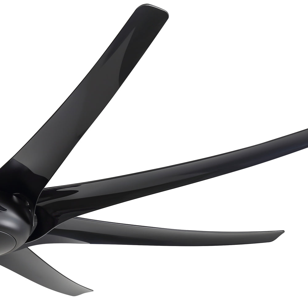 Close-up of AeroSpan-XL large black ceiling fan showing its curved aerodynamic blade design