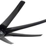 Close-up of AeroSpan-XL large black ceiling fan showing its curved aerodynamic blade design