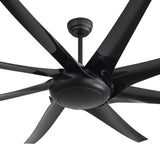 Close-up bottom view of AeroSpan-XL large black ceiling fan showing the motor housing and blade design