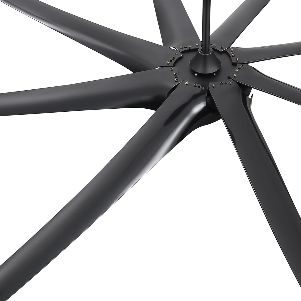Close-up of AeroSpan-XL large black ceiling fan showing the blade mounting and central hub design