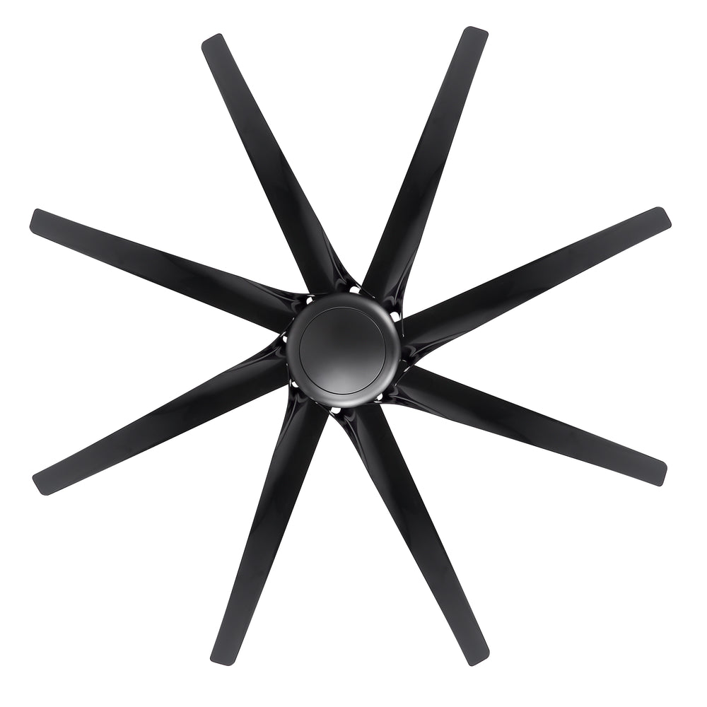 Bottom view of AeroSpan-XL large black ceiling fan showing its blade design