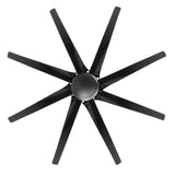 Bottom view of AeroSpan-XL large black ceiling fan showing its blade design