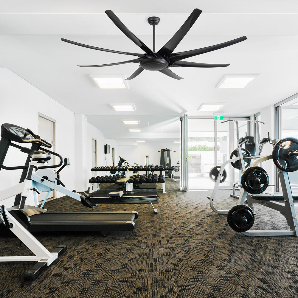 AeroSpan-XL large black ceiling fan installed in a modern fitness room