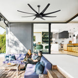 AeroSpan-XL large black ceiling fan installed on a covered outdoor patio