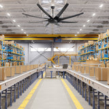 AeroSpan-XL large black ceiling fan installed above a warehouse packing and distribution area