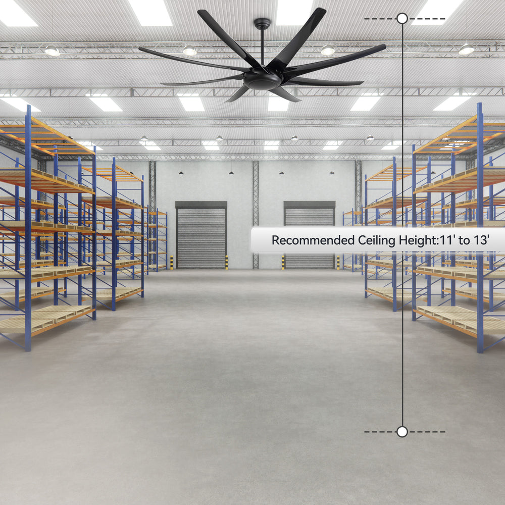 AeroSpan-XL large black ceiling fan in a warehouse with recommended ceiling height of 11 to 13 feet