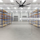 AeroSpan-XL large black ceiling fan in a warehouse with recommended ceiling height of 11 to 13 feet