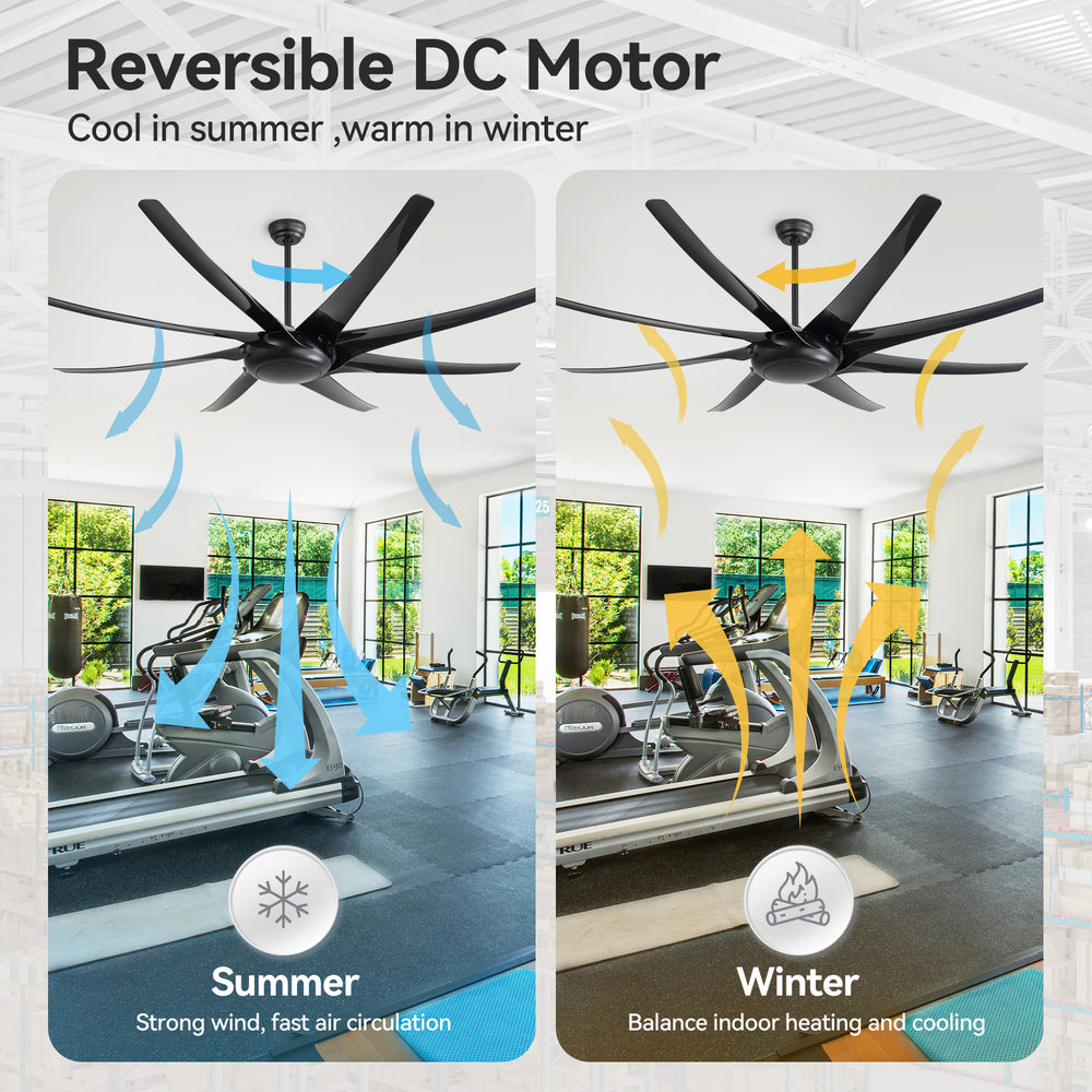 AeroSpan-XL large black ceiling fan with reversible DC motor for summer cooling and winter air circulation in a gym
