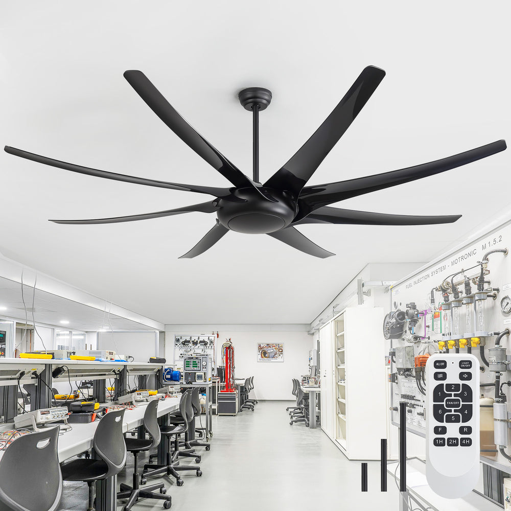 AeroSpan-XL large black ceiling fan with remote control installed in a laboratory workspace