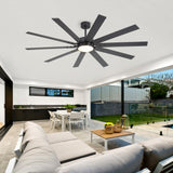 Covered outdoor patio kitchen and dining set under Kestis 72-inch black 10-blade ceiling fan