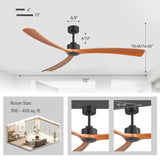 Koren 72 inch black ceiling fan with no lights featuring 3 wood blades, 6 and 12 inch downrods, and dimensions for 350–450 sq. ft. rooms