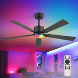 52-Inch Matte Black Ceiling Fan with RGB LED Light, 3 CCT 3000K/4000K/6000K, DC Motor 6-Speed Reversible, Remote Control with 2H Timer, Dual-Finish Blades