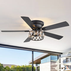52" Ceiling Fan with Light, Matte Black/Chrome Finish, 5 Plywood Blades, DC Motor, E12 Bulb Base, 6 Speeds, Forward/Reverse, Remote Control, Timer Function