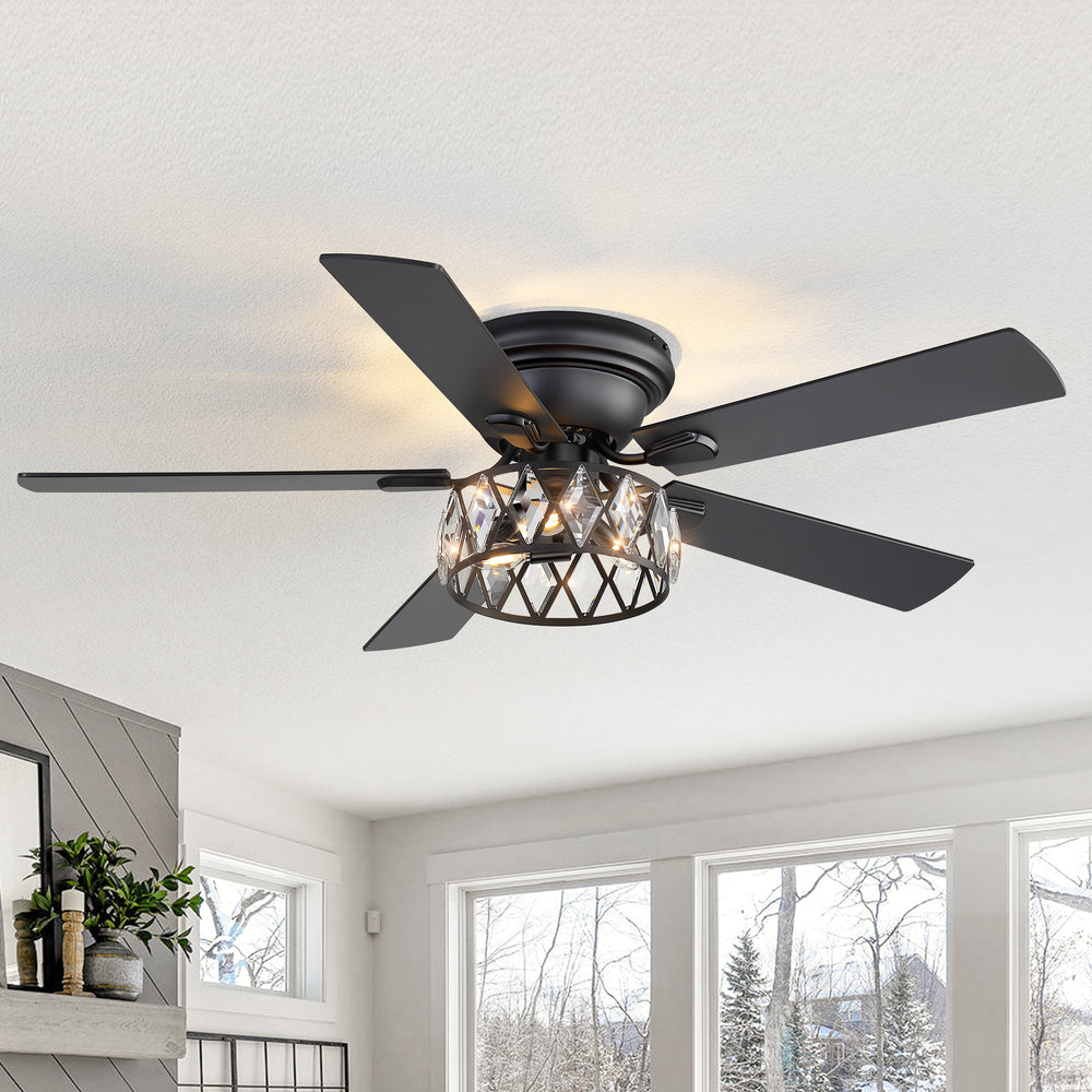 Solvian 52" Crystal Flush Mount Ceiling Fan With Light & Remote