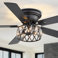 52" Ceiling Fan with Light, Matte Black/Chrome Finish, 5 Plywood Blades, DC Motor, E12 Bulb Base, 6 Speeds, Forward/Reverse, Remote Control, Timer Function