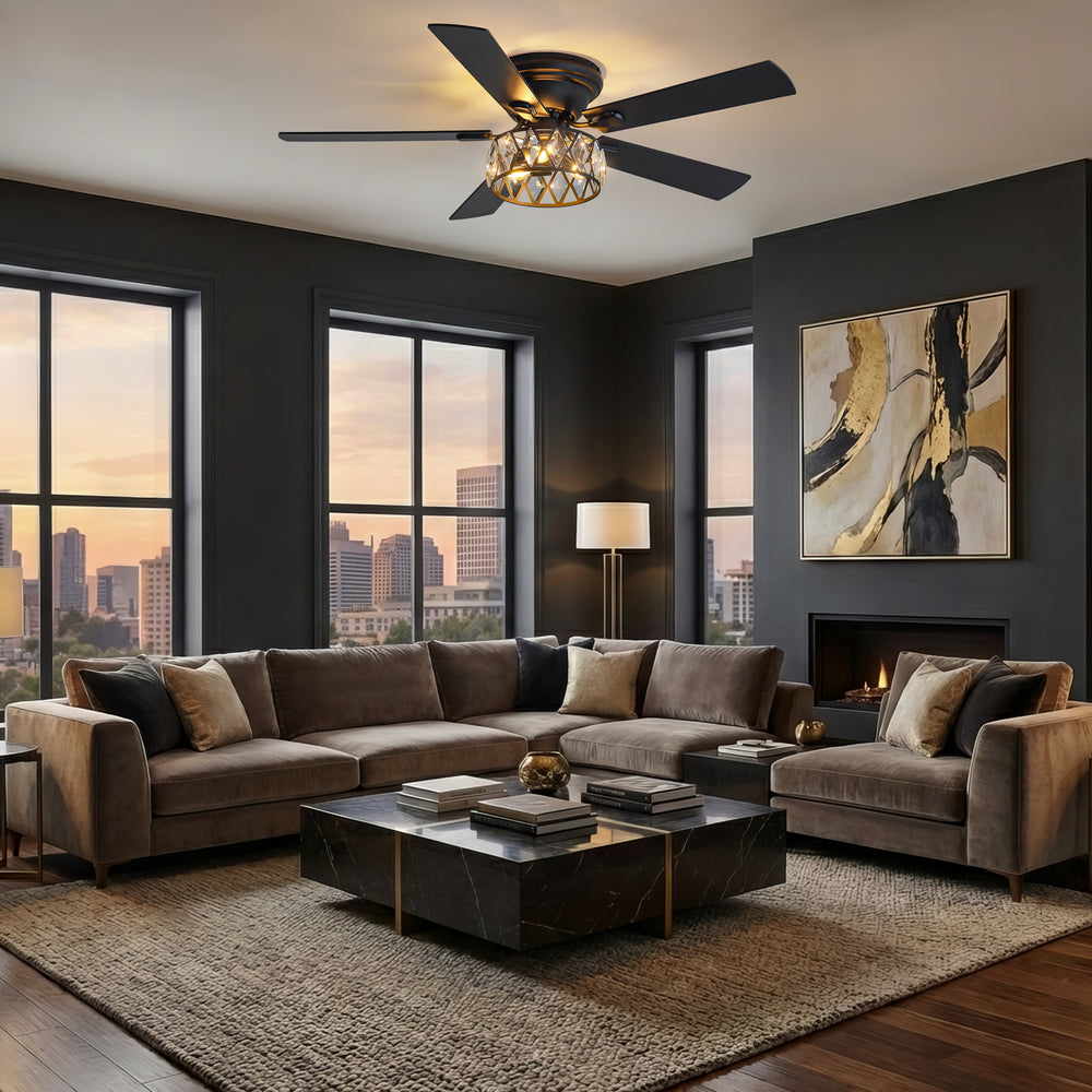 Solvian 52" Crystal Flush Mount Ceiling Fan With Light & Remote