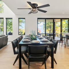 52" Ceiling Fan with Light, Matte Black/Chrome Finish, 5 Plywood Blades, DC Motor, E12 Bulb Base, 6 Speeds, Forward/Reverse, Remote Control, Timer Function