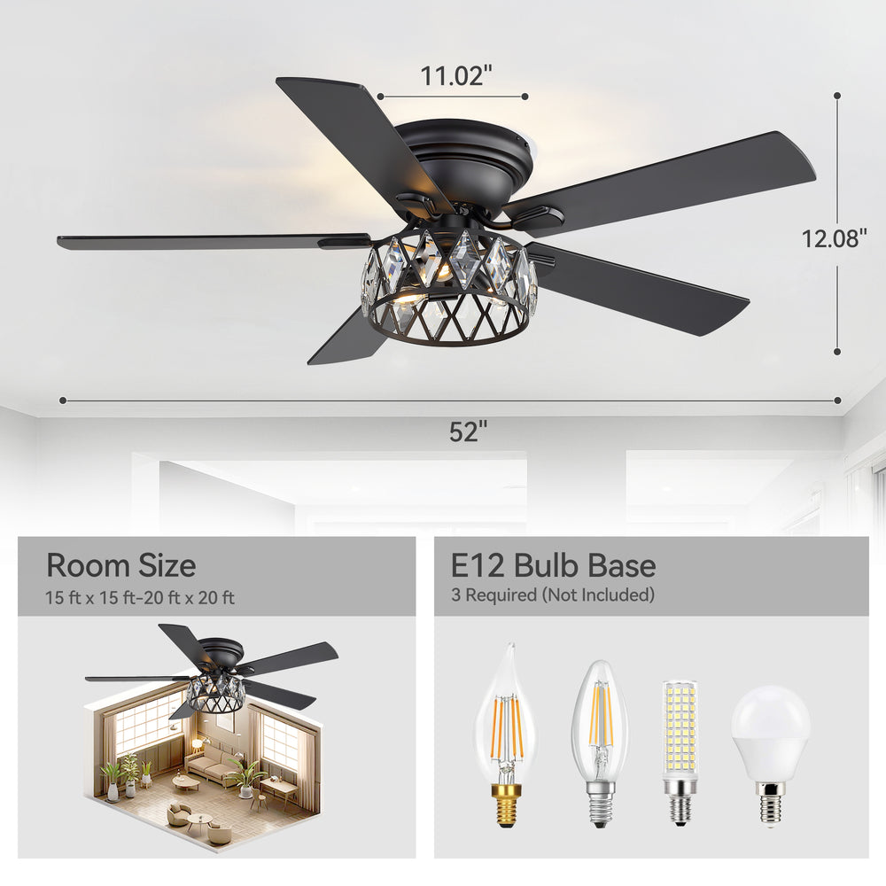 Solvian 52" Crystal Flush Mount Ceiling Fan With Light & Remote