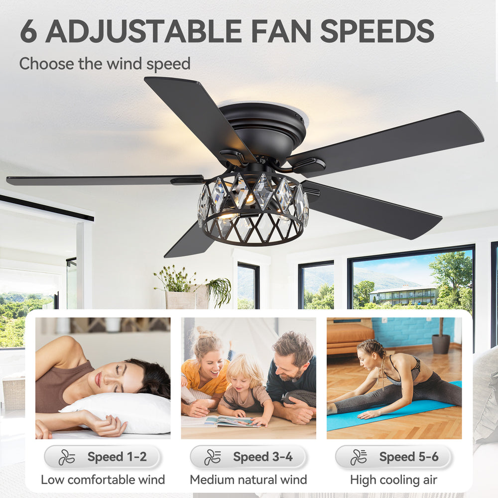 Solvian 52" Crystal Flush Mount Ceiling Fan With Light & Remote