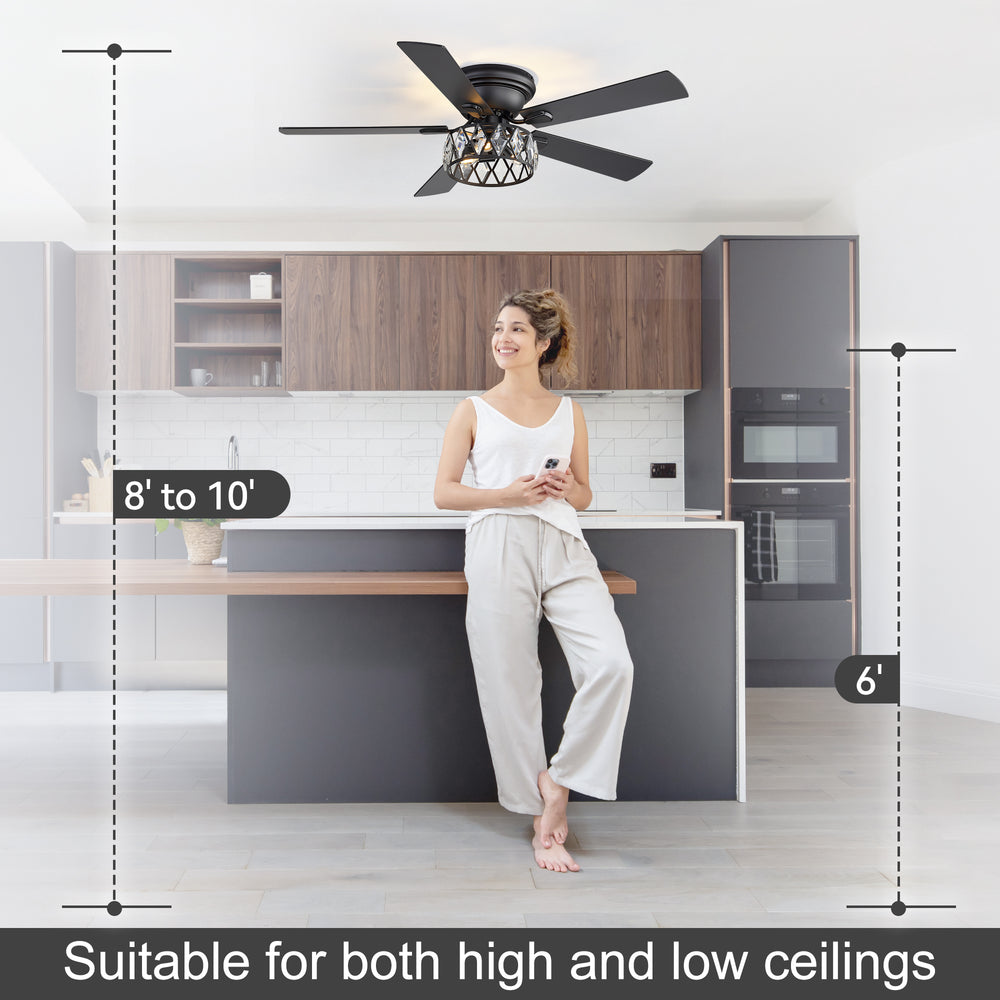Solvian 52" Crystal Flush Mount Ceiling Fan With Light & Remote
