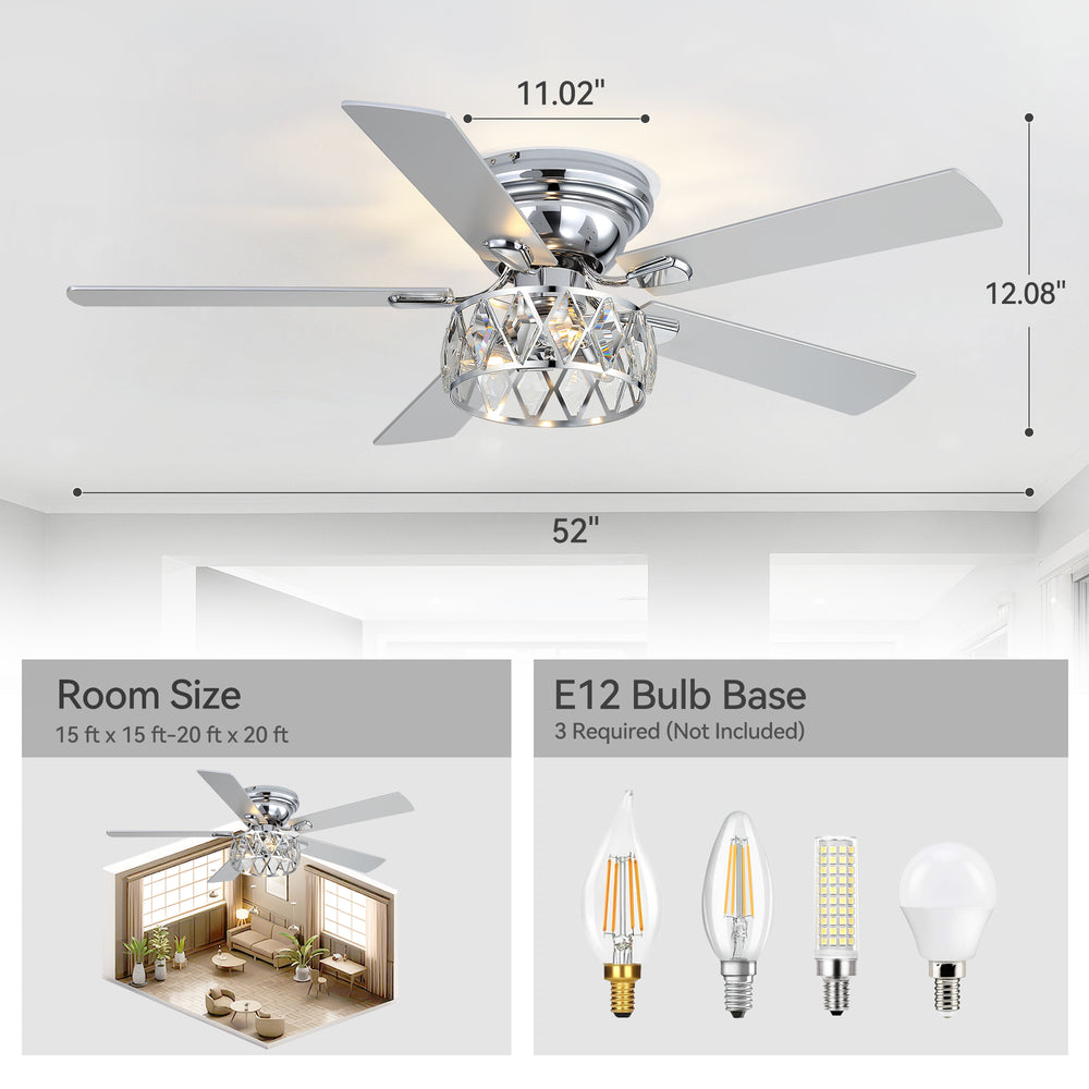 Solvian 52" Crystal Flush Mount Ceiling Fan With Light & Remote