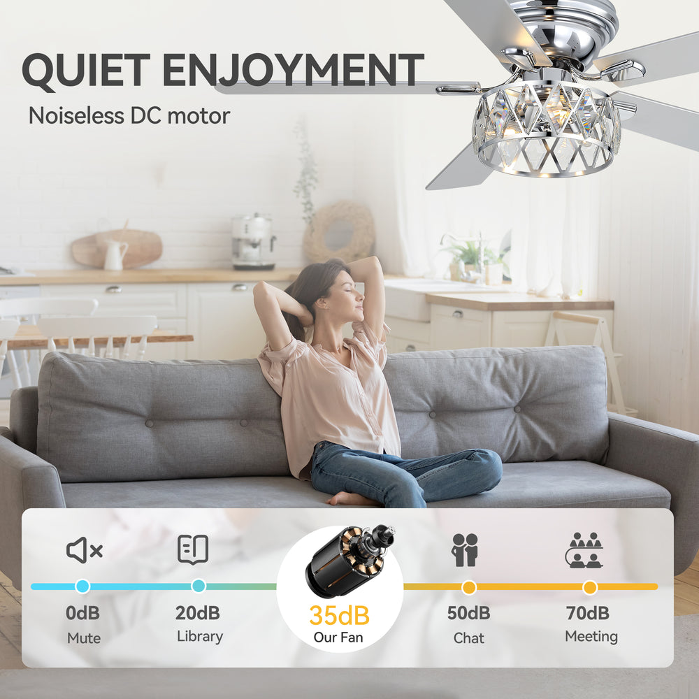 Solvian 52" Crystal Flush Mount Ceiling Fan With Light & Remote