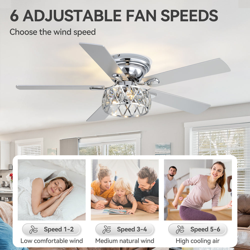 Solvian 52" Crystal Flush Mount Ceiling Fan With Light & Remote
