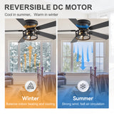 52" Ceiling Fan with Light, Matte Black Finish, Iron & Crystal Light Fixture, Dual-Sided Plywood Blades (Black/Dark Walnut), DC Motor, 6 Speeds, Reverse Function, Remote Control, Timer, E12 Bulb Base
