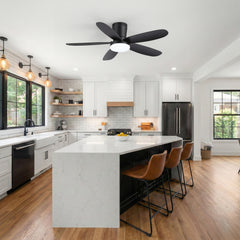 42" Flush Mount Ceiling Fan with Light, Matte Black Low Profile Ceiling Fan, Dimmable LED 3000K/4000K/6000K, Quiet DC Motor, 6 Speeds, Remote Control, Reversible, 1/4/8H Timer, 5 ABS Blades