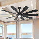 Living room bay window beneath Aircrest 72-inch black 10-blade ceiling fan with light