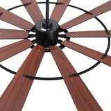 Close-up of Pavara 62-inch walnut wood grain 10-blade ceiling fan with brass rivets