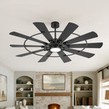 Living room fireplace stone wall under Pavara 62-inch black 10-blade ceiling fan with light