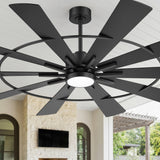 Rivelle 62 72 inch large black ceiling fan with light featuring black blades circular frame and modern outdoor patio installation