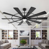 Rivelle 62 72 inch large black ceiling fan with light featuring black blades circular frame and installed in a spacious modern living room