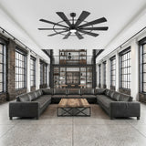 Rivelle 62 72 inch large black ceiling fan with light installed in a spacious modern loft living room