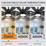 Rivelle 62/72 inch large black ceiling fan with light featuring 3 adjustable color temperatures 3000K 4000K and 6000K with memory function